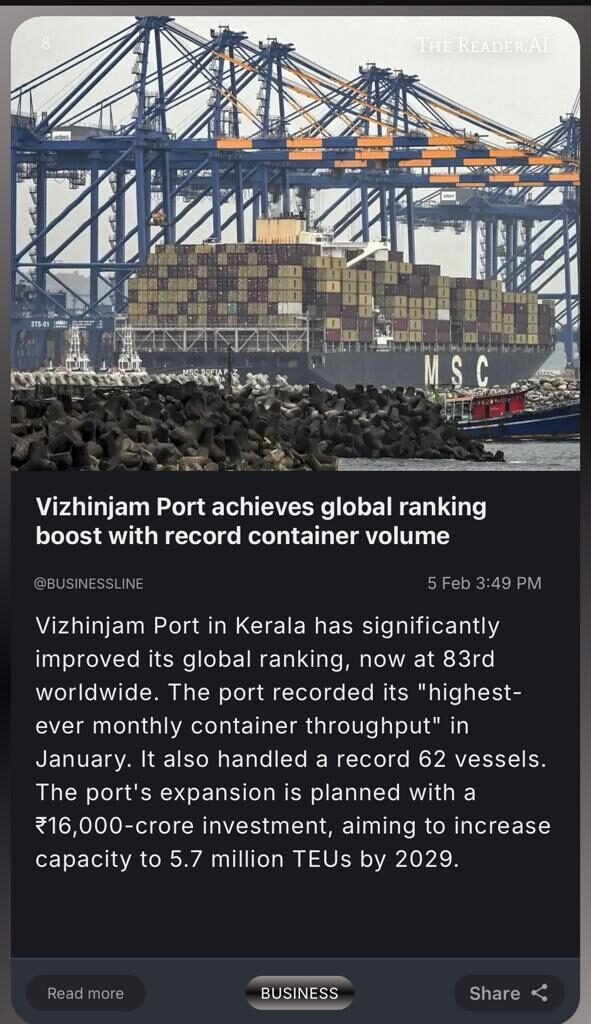 A high-quality high-resolution screenshot of a smartphone held in a hand showing a short news summary from TheReader.AI app with a green stock market trend line